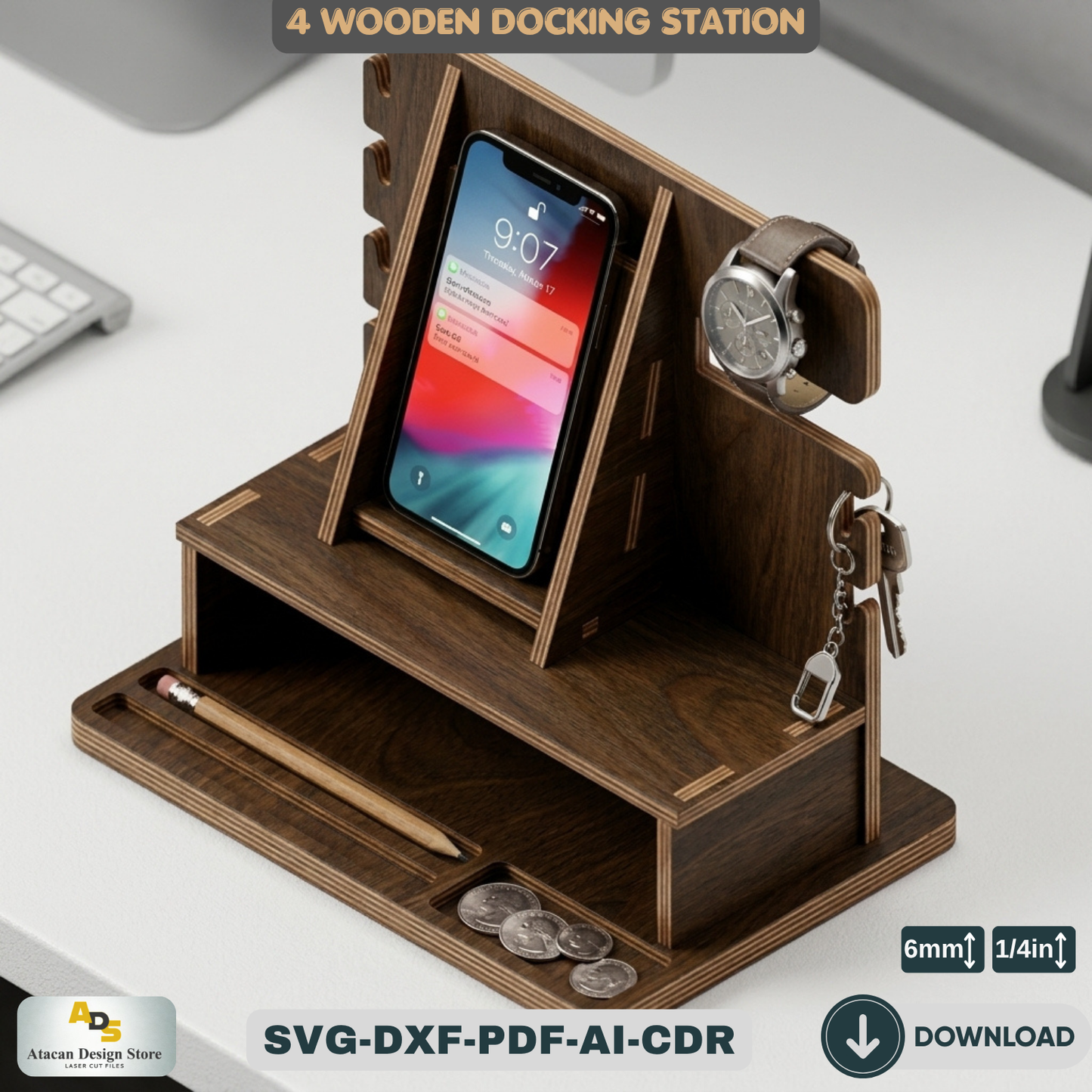 Wood Docking Station / Desk Organizer Phone Stand / Watch Holder / Father's Day Gift 947