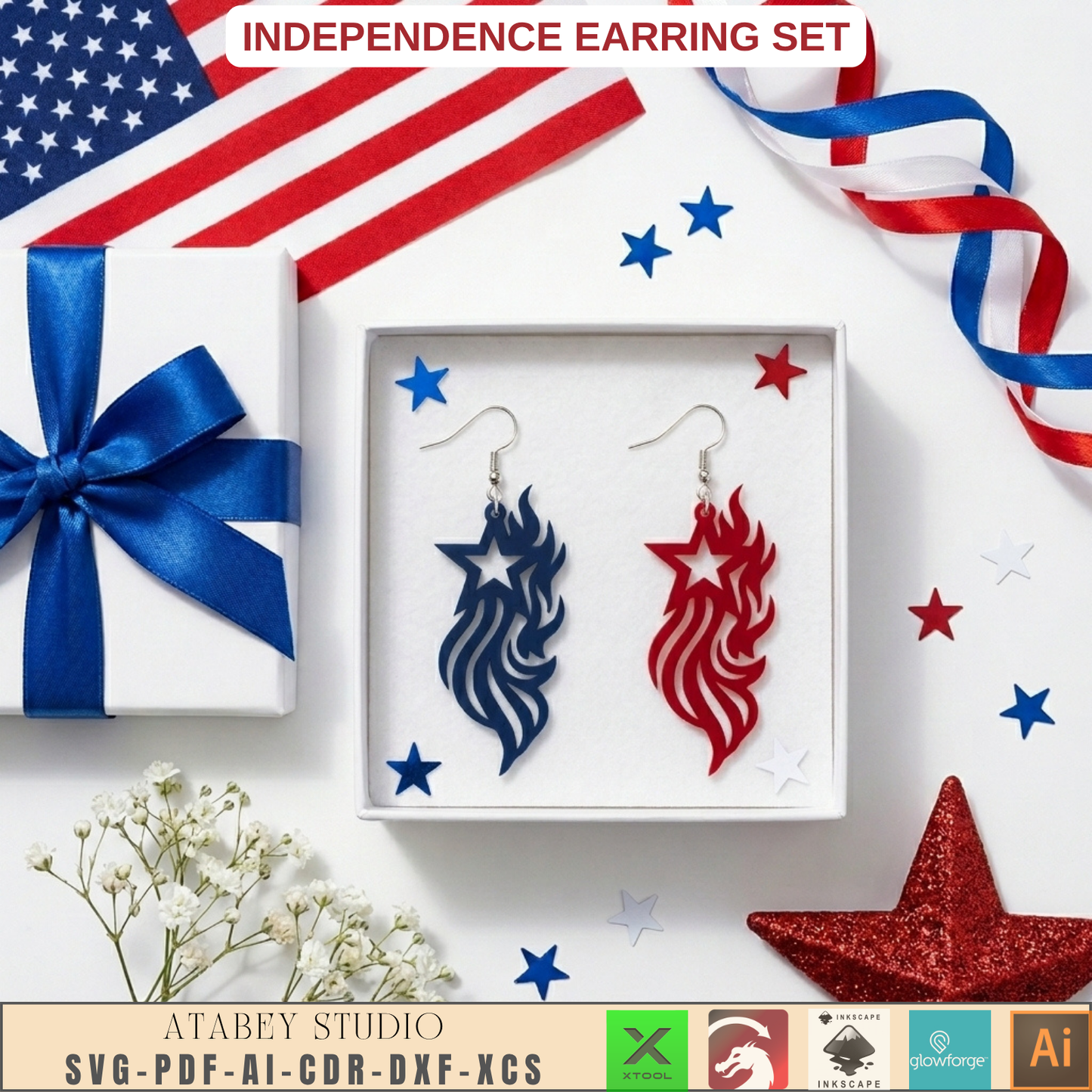 4th of July Earring SVG Bundle, Patriotic Laser Cut Templates, USA Flag Star Earrings