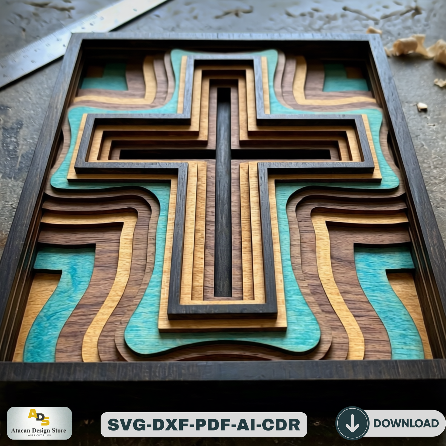 3D Layered Wood Cross Wall Art LaserCut Religious Multilayer Decor Christian Spiritual Vector Pattern