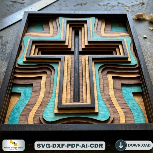 3D Layered Wood Cross Wall Art LaserCut Religious Multilayer Decor Christian Spiritual Vector Pattern