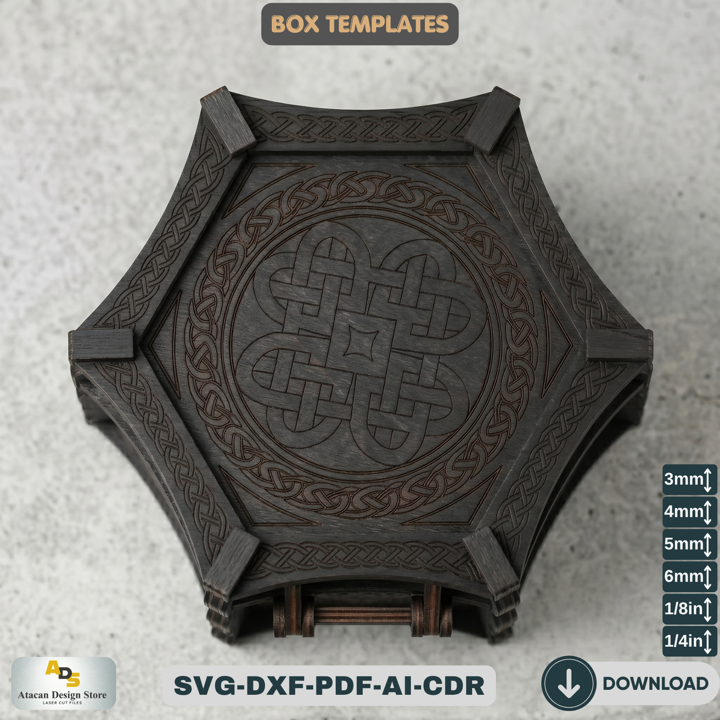 Celtic Hexagon Box Laser Cut File Mythical Jewelry Chest Pattern Wooden Trinket Box Template