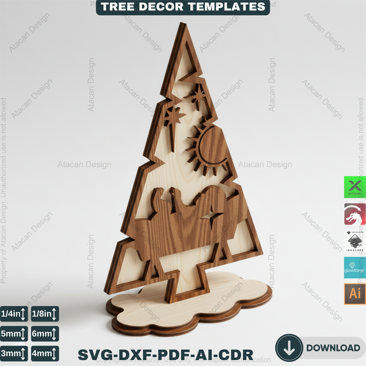 3D Standing Christmas Tree Decor Bundle | Laser Cut Wooden Tree Ornaments | Holiday Table Decoration | Xtool Craft Template 909