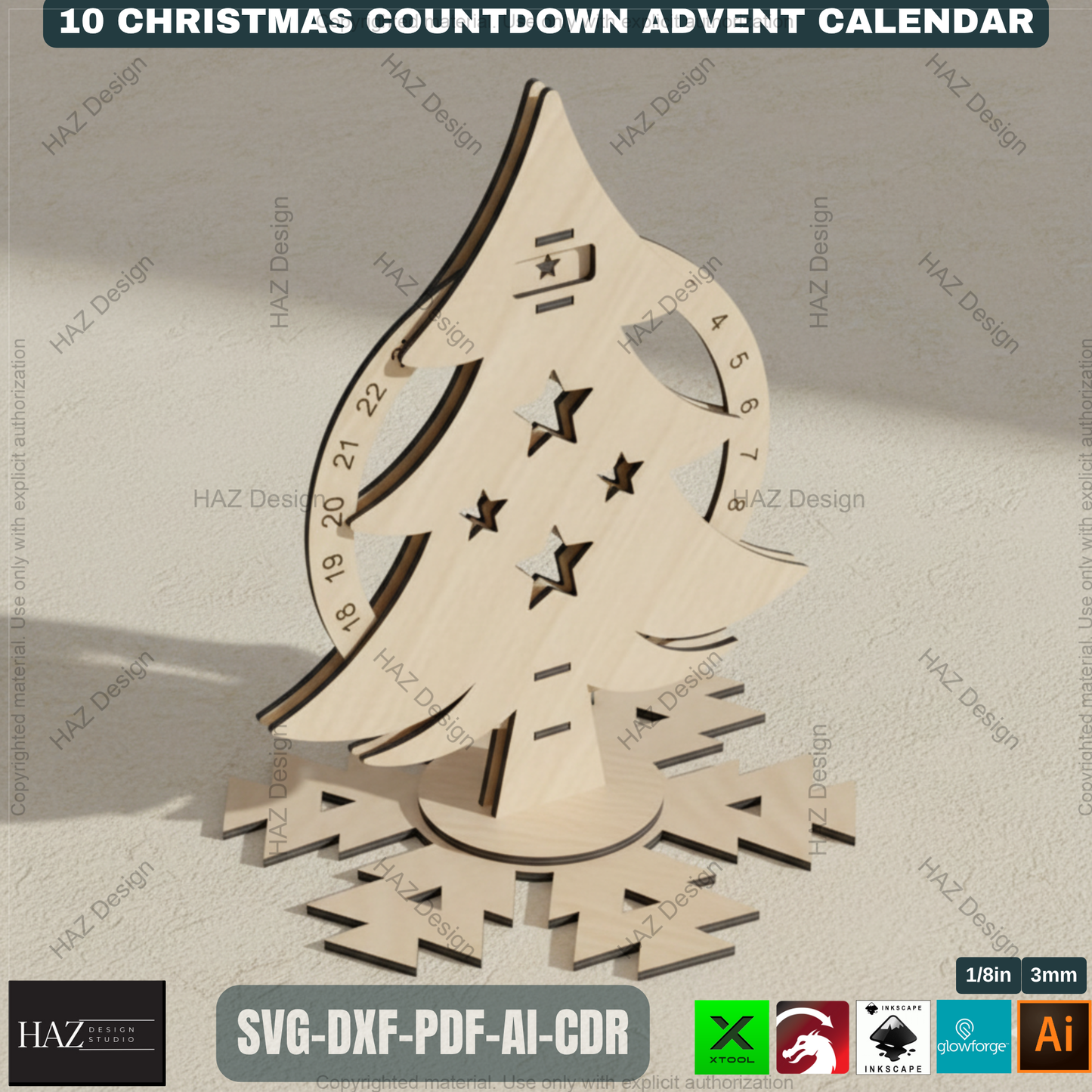 Festive Countdown Advent Calendar Laser Cut Files, Wooden Christmas Decor Template for Glowforge & Xtool, Holiday Craft Project 498