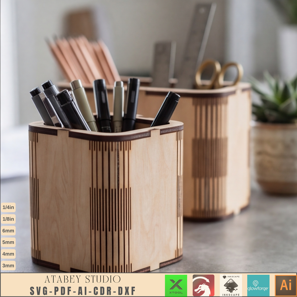 Wooden Desk Organizer Laser Cut Template - DIY Pencil Holder for Home Office 1029