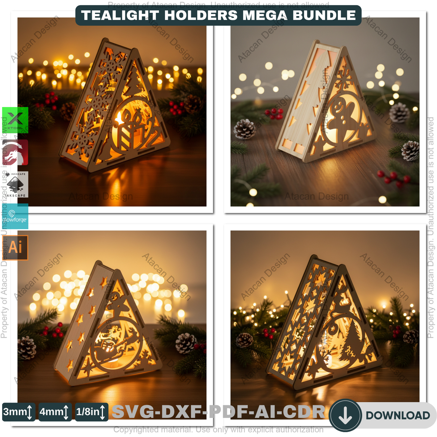 Christmas Pyramid Candle Holder Bundle Laser Cut Template Tealight Lantern Designs Winter Wood Decor Night Lights 919