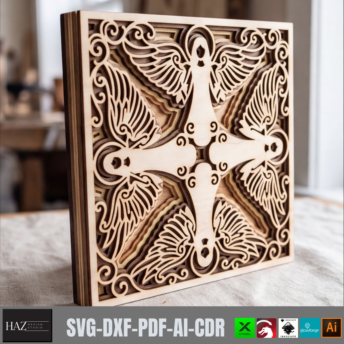 Four Angels Wooden Laser Cut Template, Religious Mandala Art, Layered Plywood Christmas Angel Decor