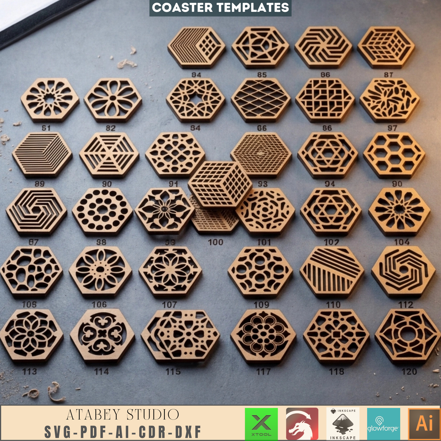 Geometric Hexagon Coaster Laser Cut File Bundle Wood Drink Coaster Template