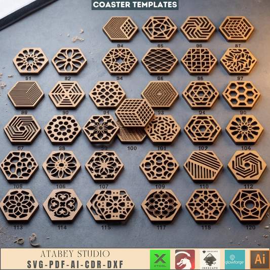 Geometric Hexagon Coaster Laser Cut File Bundle Wood Drink Coaster Template