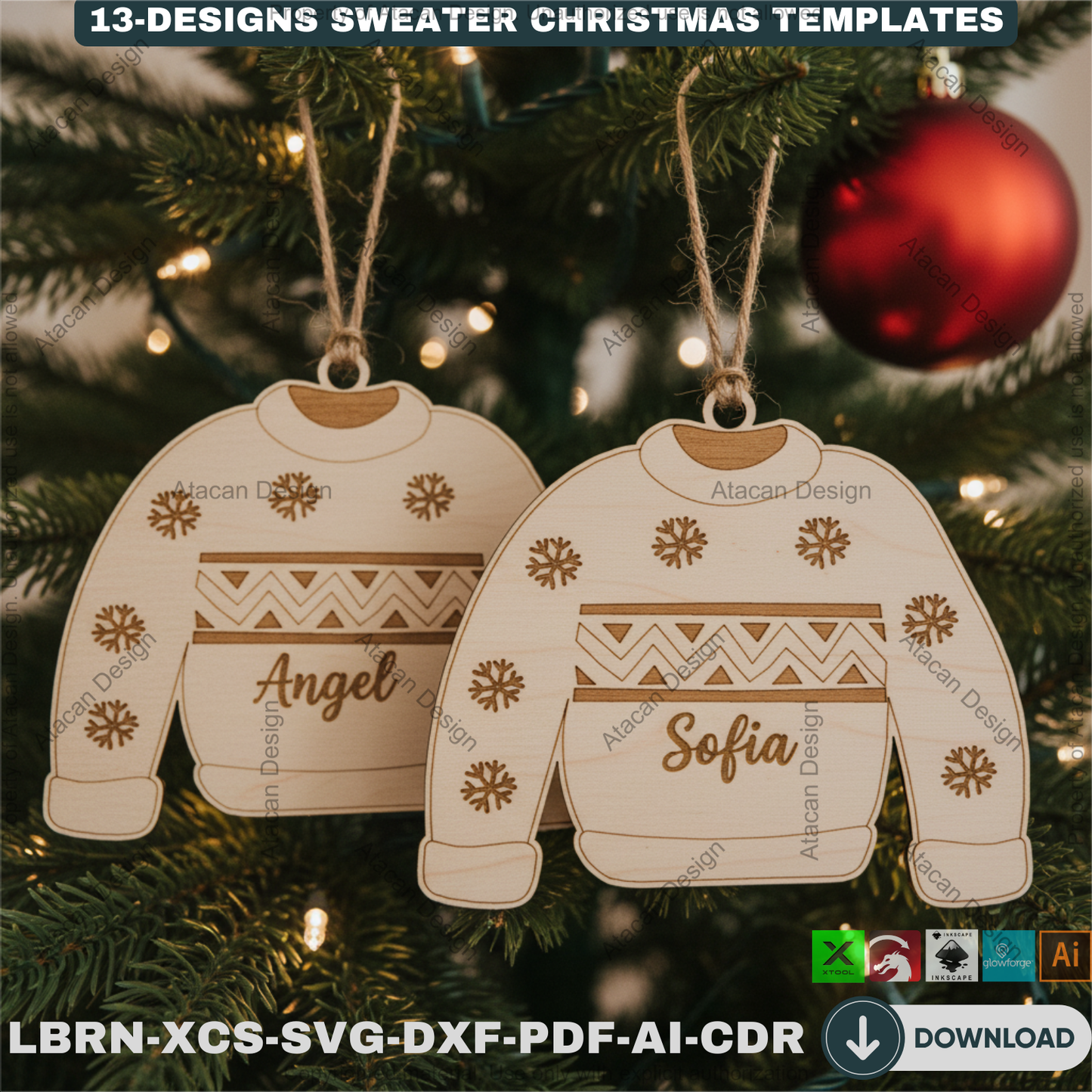 Personalized Sweater Christmas Ornament Bundle | 13 Holiday Designs | Laser Cut Template Set for DIY Xmas Gifts 918