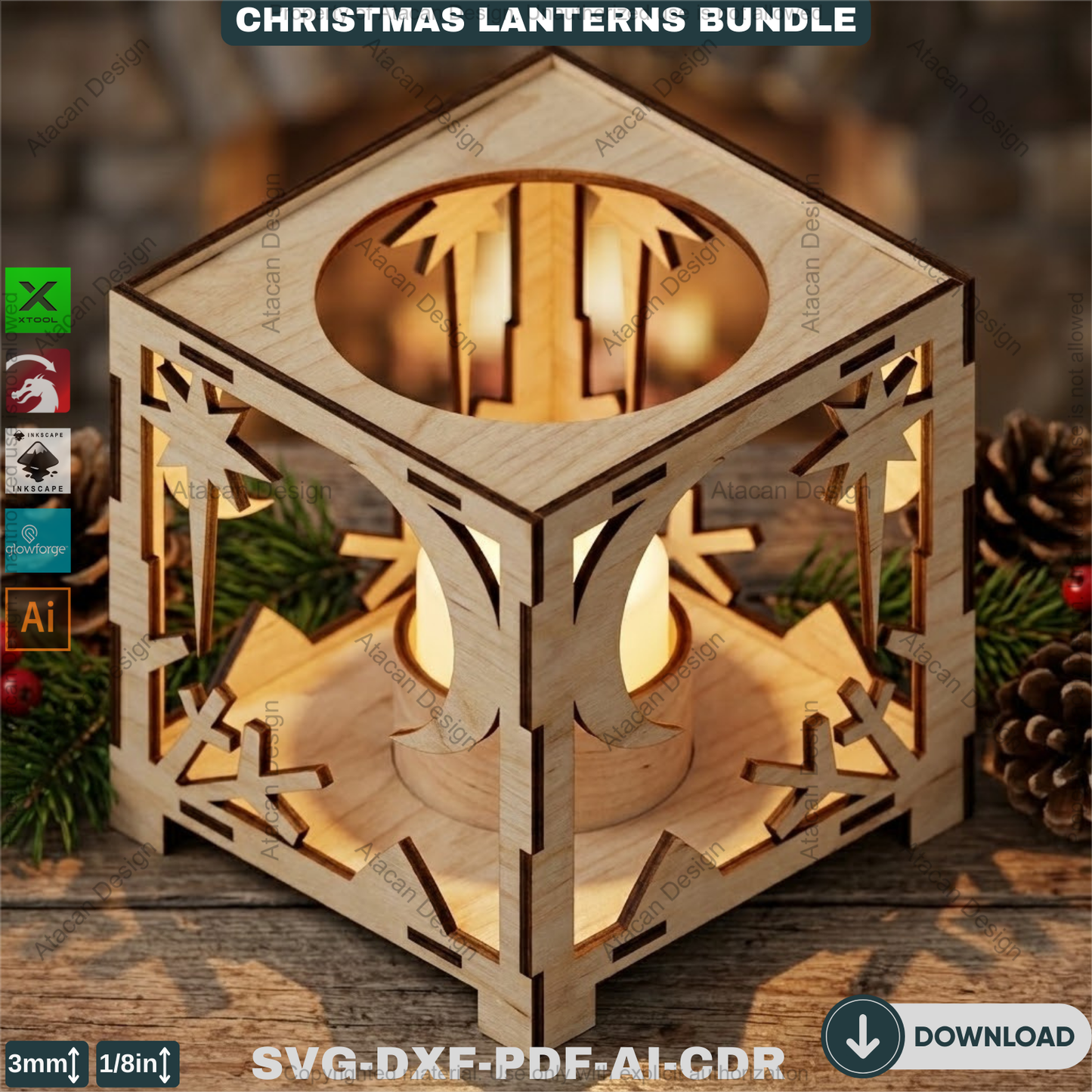 Christmas Lantern Laser Cut Bundle, Wooden Tealight Holder, Xmas Candle Box, Winter Decor, Reindeer Snowman Template 927