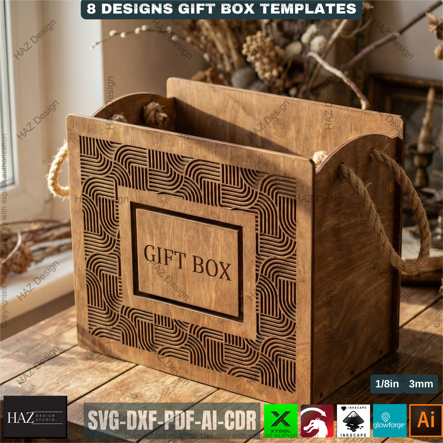 8 Laser Cut Gift Box Templates, Wooden Storage Crate Pattern, Decorative Plywood Basket, DIY Wedding Hamper, Laser Ready Cut Files 511