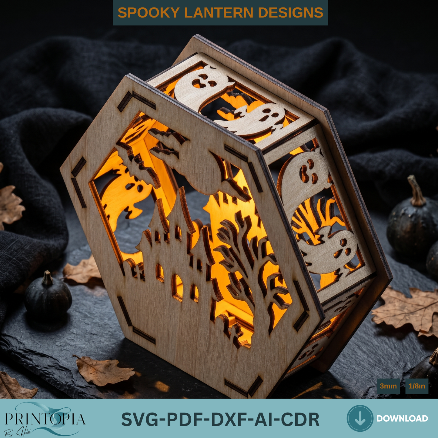 Halloween Lantern Laser Cut Files Bundle for Wooden Tealight Candle Holder Spooky Decor Template