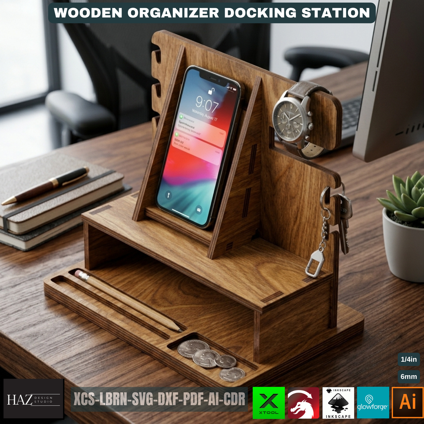 Personalized Wood Docking Station Desk Organizer Mens Gift Idea Phone Stand Bedside Nightstand Catchall Tray 529