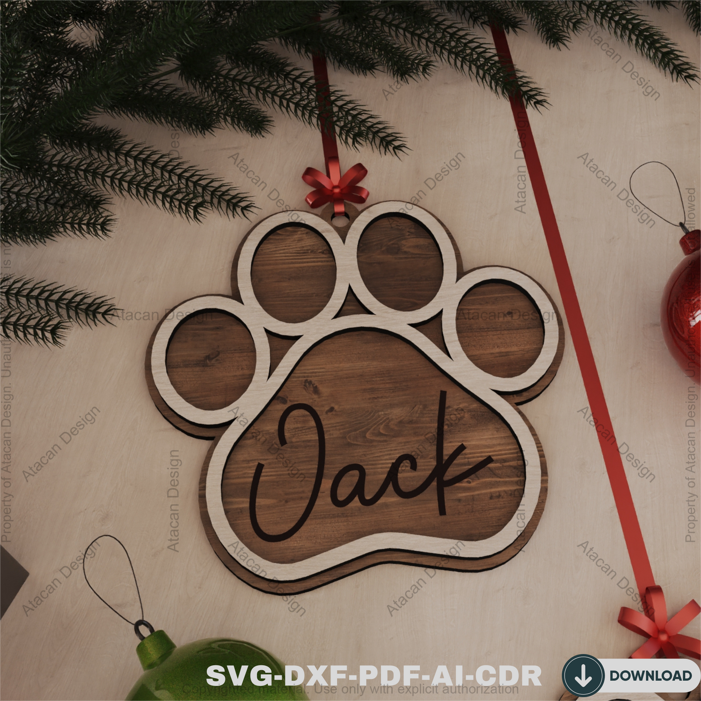 Personalized Dog Paw Ornament - Custom Wooden Pet Christmas Keepsake for Laser Cutting 807