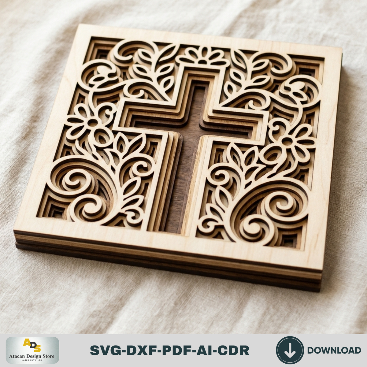 3D Christian Cross Laser Cut Plywood Template, Easter Faith Decor 1000