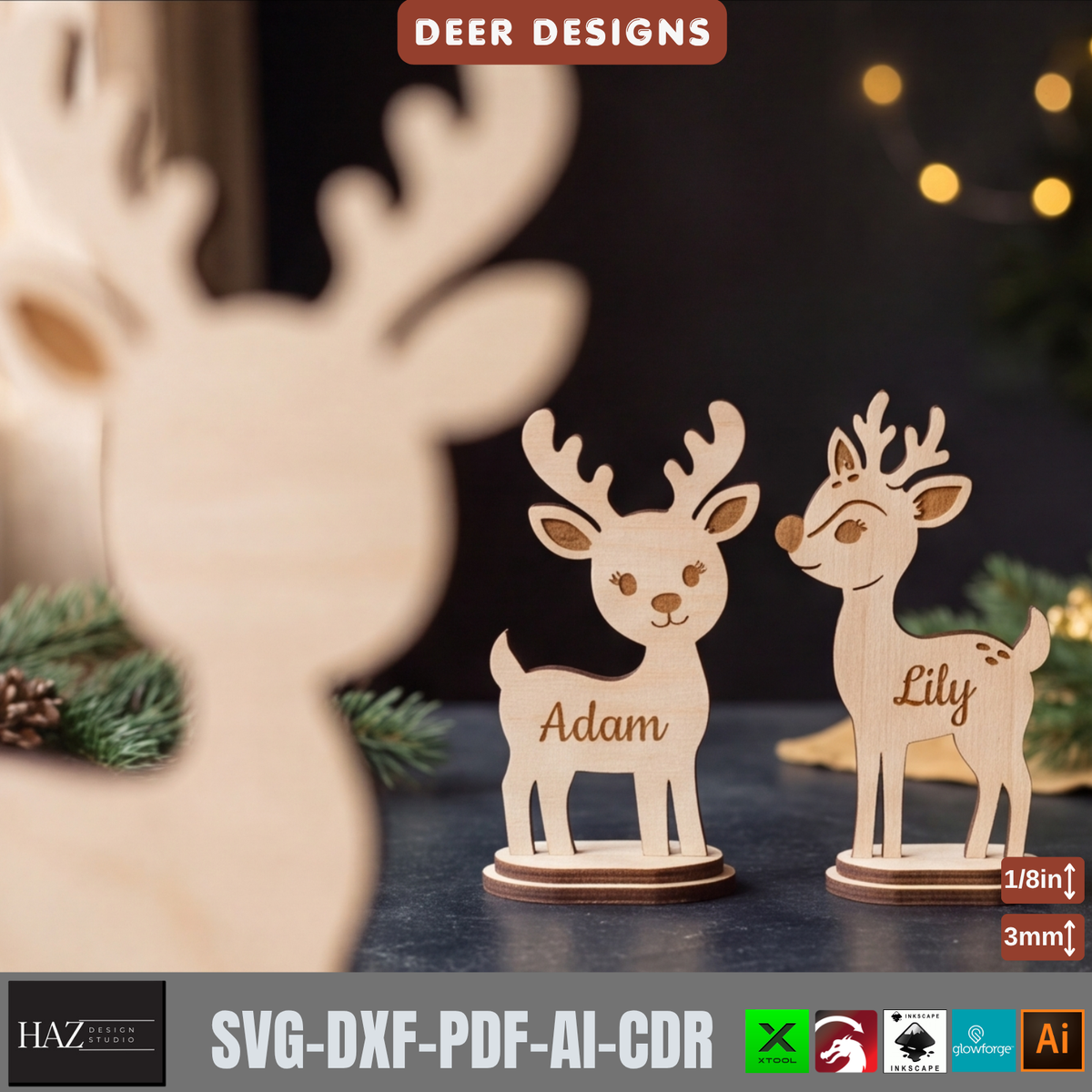 Personalized Reindeer Family Laser Cut SVG – Christmas Wooden Decor Stand
