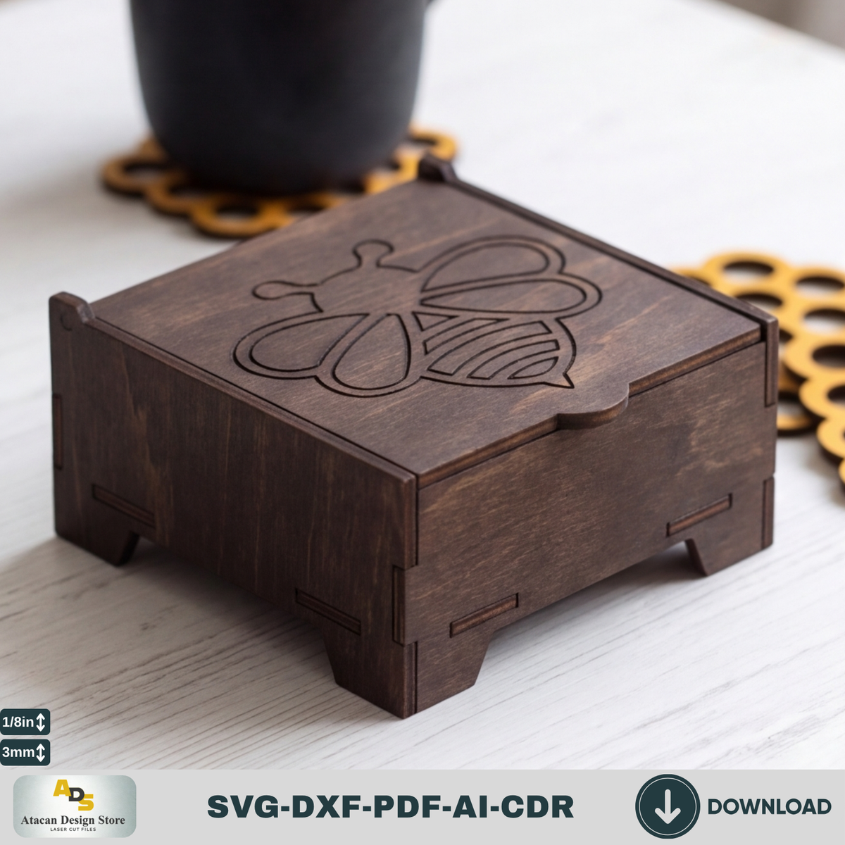 Honey Bee Coaster Set with Box SVG, Hexagon Honeycomb Coasters, Coaster Holder 305
