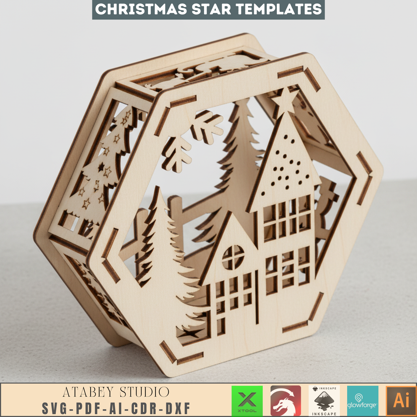 Hexagon Christmas Decor SVG Template - Laser Cut Lanterns - Winter Scene for Holiday Home Decor and Cozy Candle Glow 957
