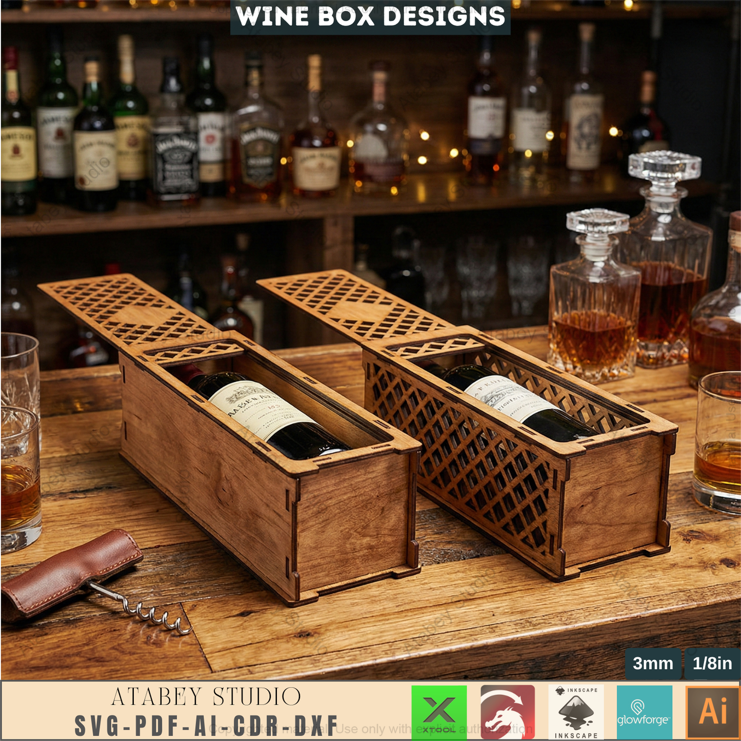 Laser Cut Wine Bottle Gift Box Bundle, Wooden Wine Carrier, Decorative Wine Box 987