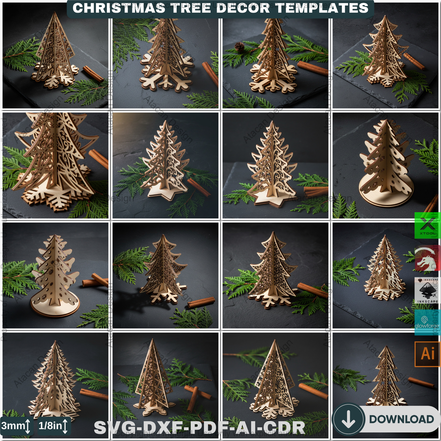 Christmas Ornament Tree With Pattern Laser Cut Files, Festive Holiday Shelf Sitter, Wooden Tabletop Decor Trees 912