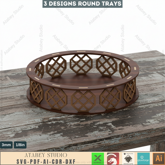 3 Sizes Round Decorative Tray Cutting File - Wooden Baskets Svg Cut Plans 152