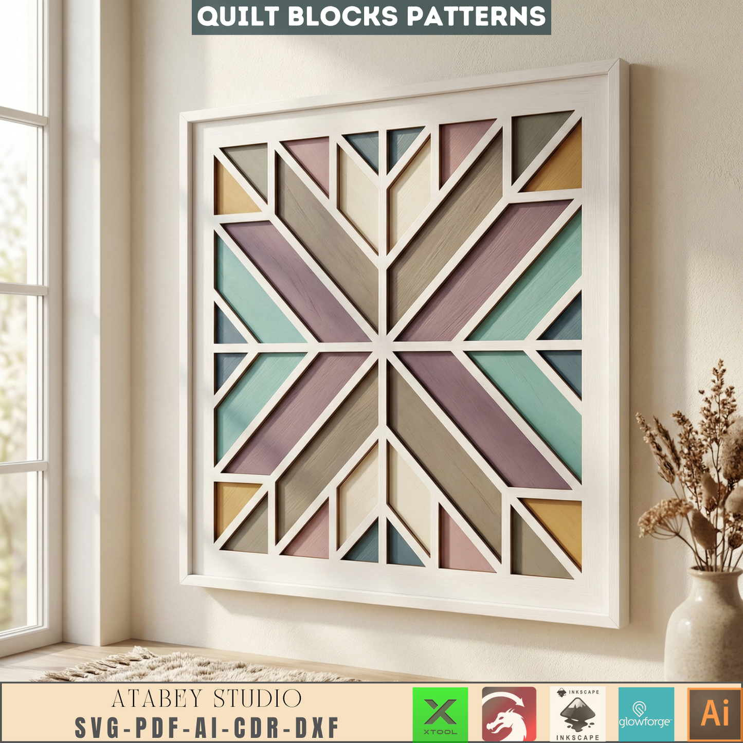 Geometric Quilt Block Wall Art Laser Cut Design Modern Farmhouse Wood Heart Butterfly Potted Flower 988
