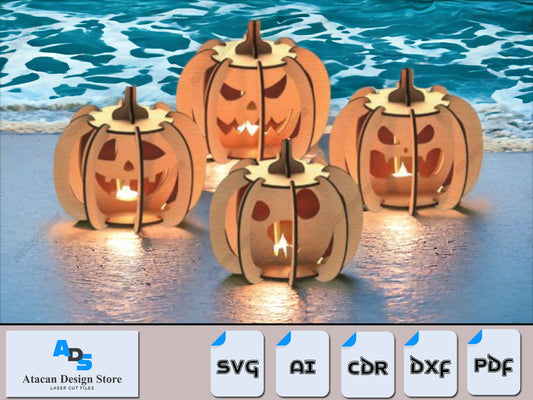 Spooky Pumpkin Tealight Holder Set - Halloween Laser Cut Files 387