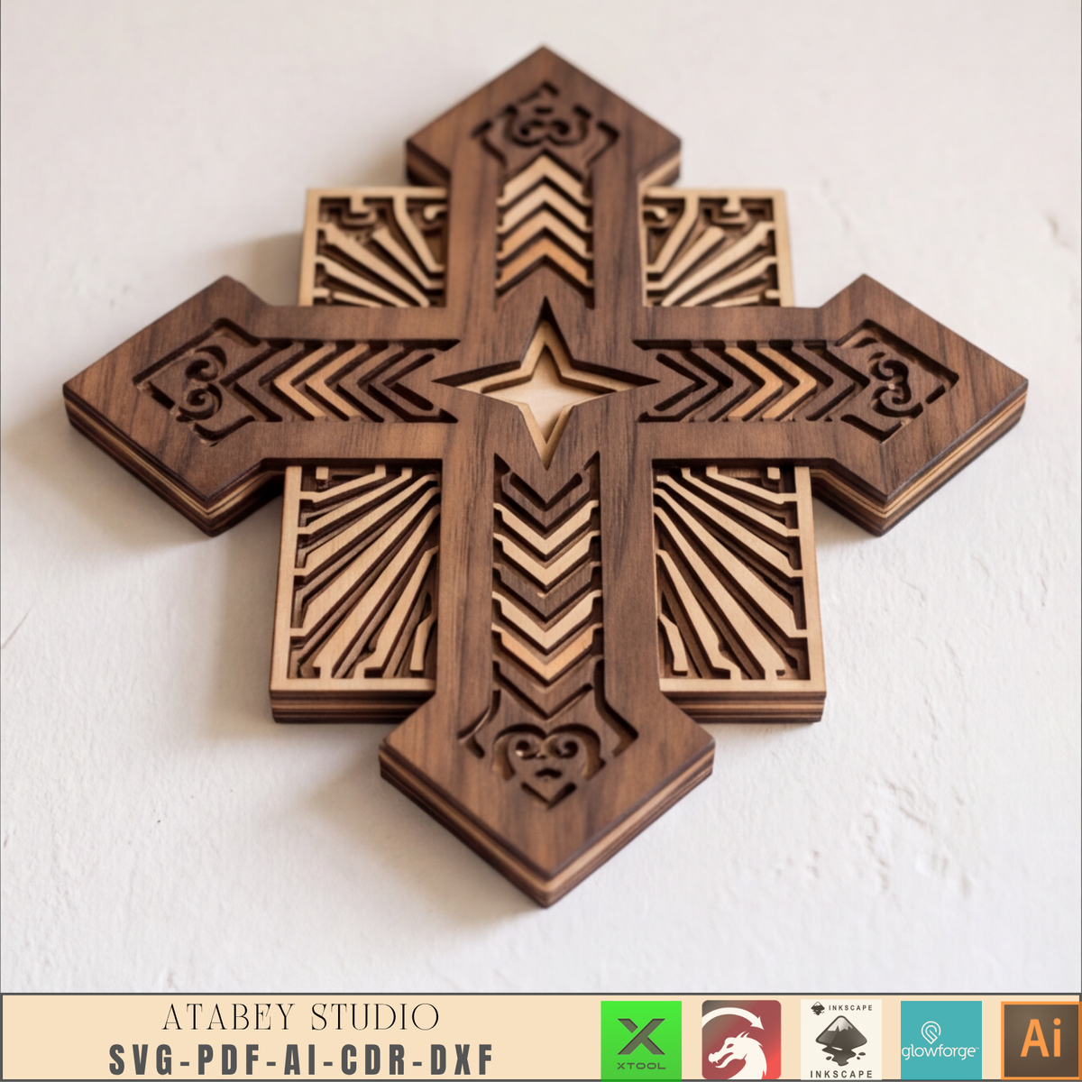 Layered Wooden Cross Laser Cut File Christian Wall Art Nativity Church Decor Vector Pattern