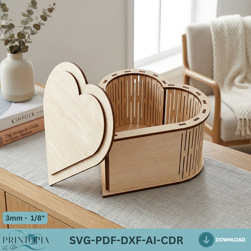 Laser Cut Wooden Box Bundle Heart Oval Round Living Hinge Gift Box Cutting Plans 331