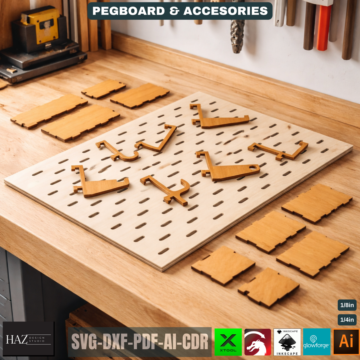 Wood Pegboard Wall Organizer / Modular Peg Board with Hooks and Bins Wall Storage 083