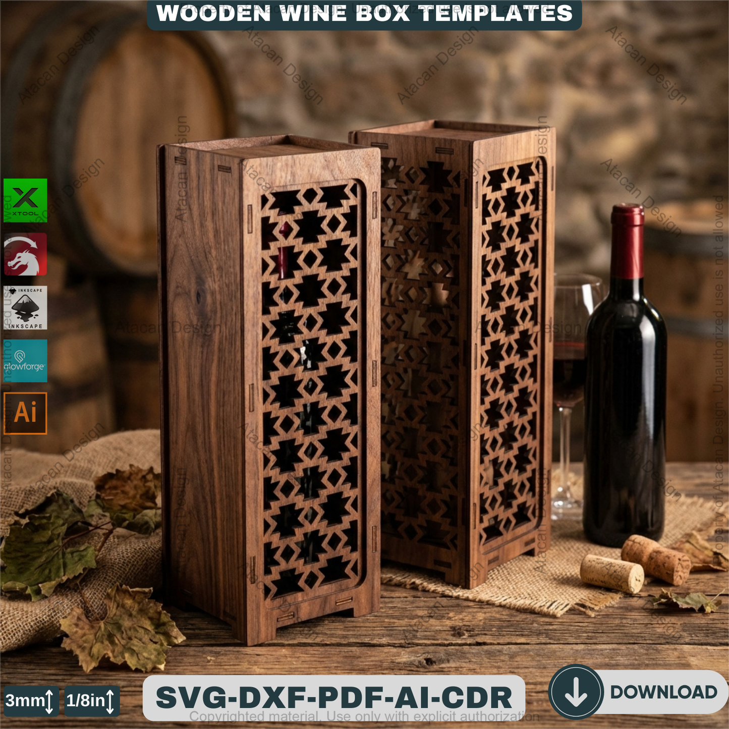 Laser Cut Wine Box Template Bundle, Wooden Bottle Carrier Pattern, Decorative Gift Holder Plan, CNC Cutting Design, Wedding Gift Box Project 935
