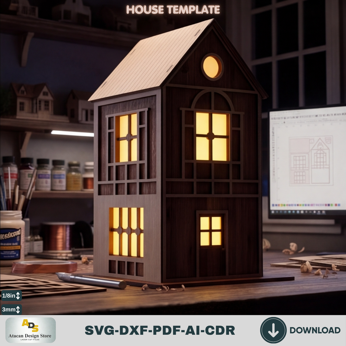DIY Wooden House Luminary Template | Laser Cut Miniature Village | Table Lamp Design 885