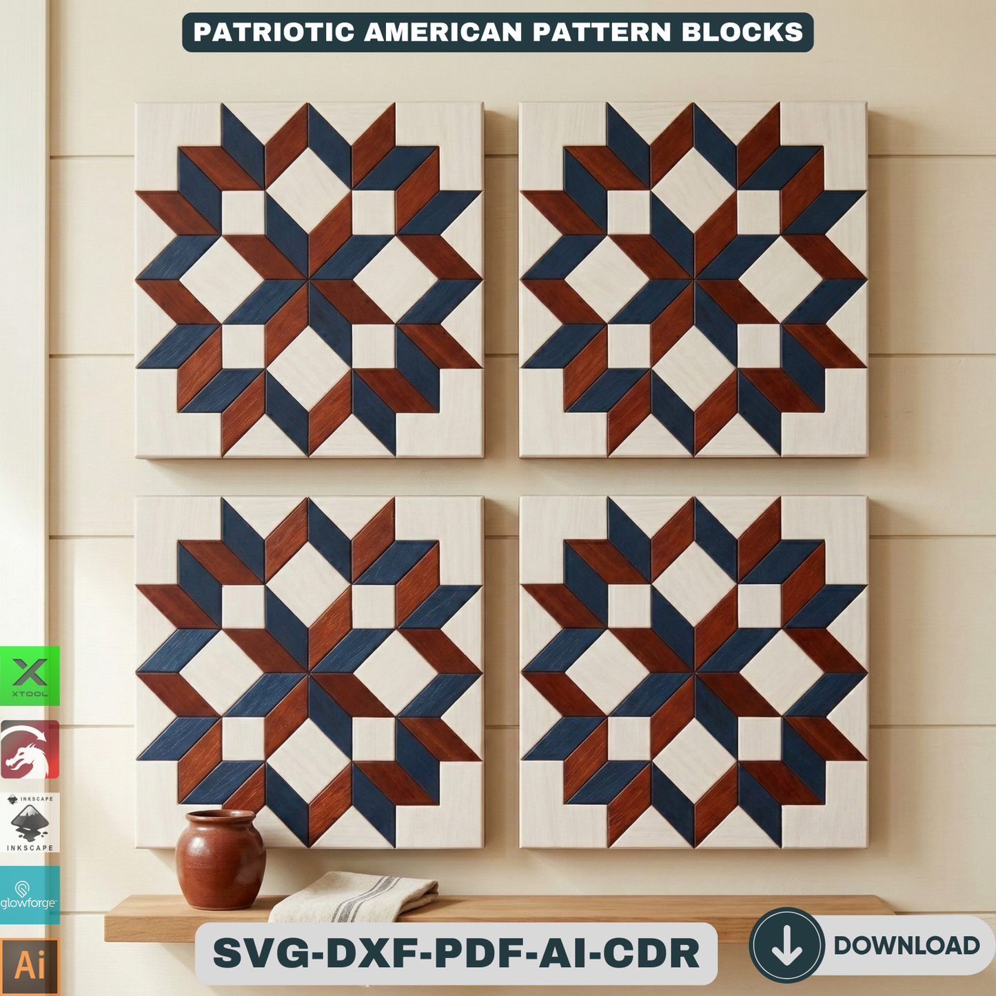 Patriotic American Barn Quilt Wall Decor Fourth of July Wooden Sign Geometric Star Block Patterns 943