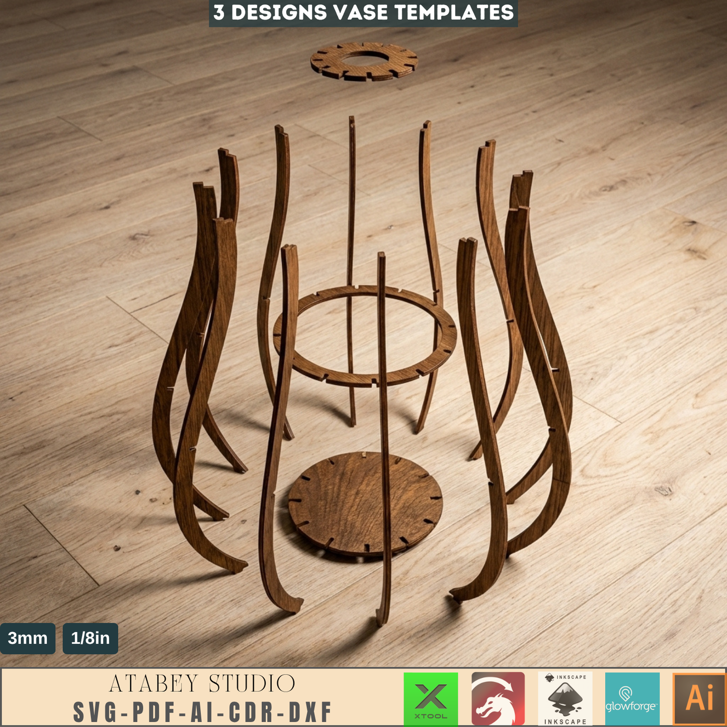 Wooden Vase Templates Set of 3 Slat Vase Designs Minimalist Table Decor Flower Stands 1002