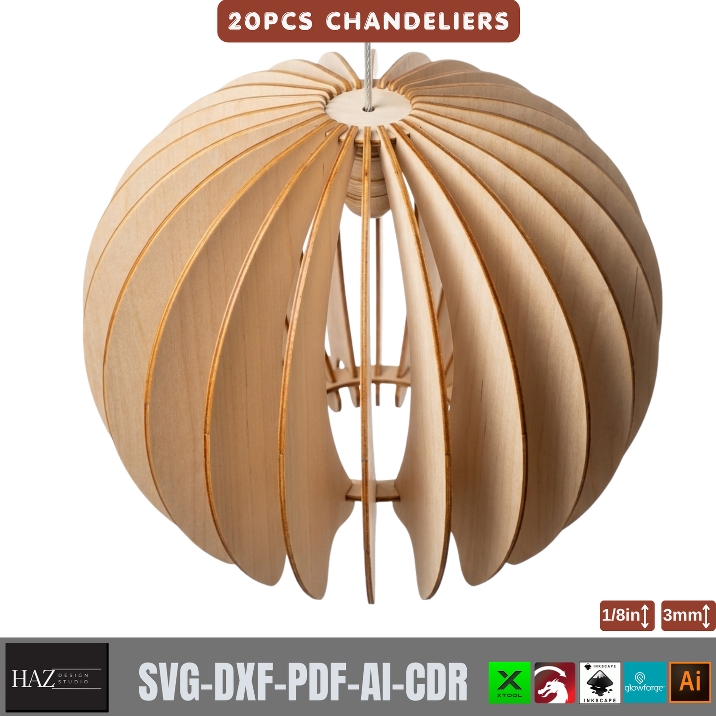 20 Piece Wooden Chandelier Pendant Lamp Laser Cut SVG Template Set Plywood 566