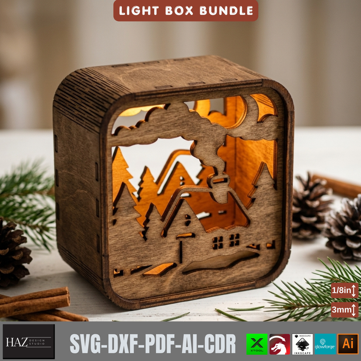 16 Rustic Christmas Shadow Box Night Light, Layered Snowman Cabin Lantern Plans, Holiday Mantel Decor 576