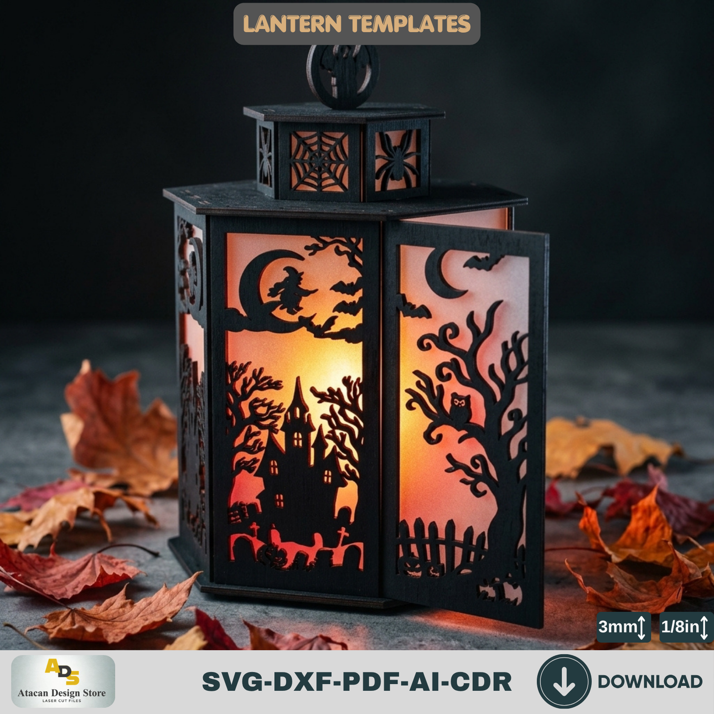 Halloween Lantern LaserCut Template Spooky Haunted House Tea Light Holder Wooden Witch Candle Box