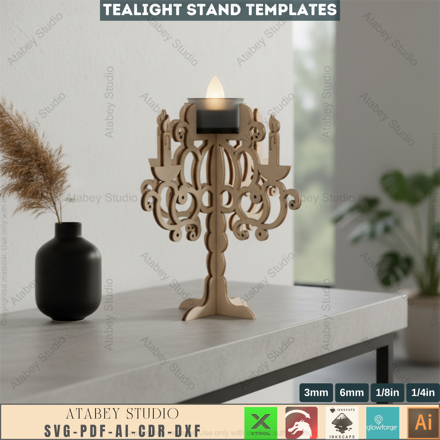 Ornate Candelabra Laser Cut File, Set of 3 Tealight Holder Templates, Wooden Candlestick Pattern, Elegant Table Decor, Glowforge Ready 967