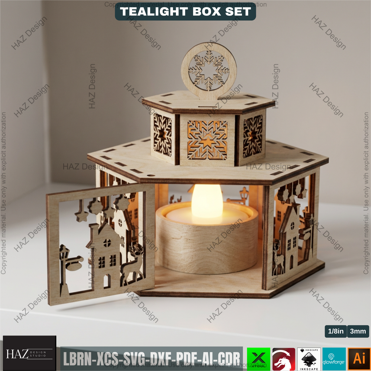 Festive Tealight Lanterns  – Christmas Candle Holder with Lid - Laser Cut Tabletop Decor - Tealight Box Lights 504