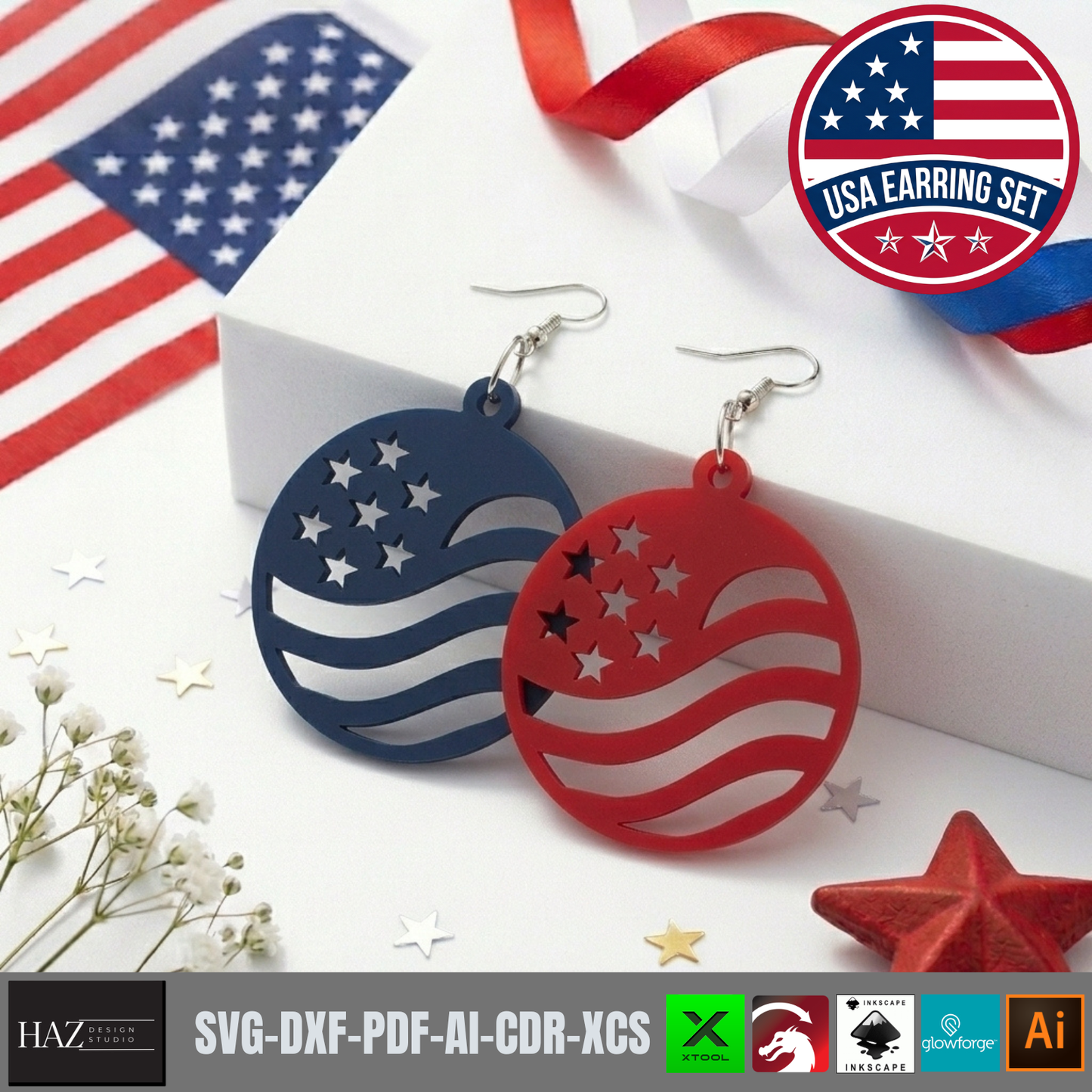 Patriotic Earring SVG Bundle, 4th of July Laser Cut Templates, USA Flag Acrylic Jewelry