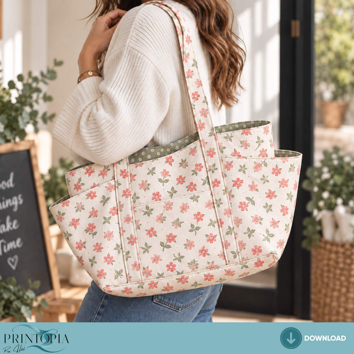 Floral Tote Bag Sewing PDF Pattern Multi Pocket Organizer 4 Sizes Included
