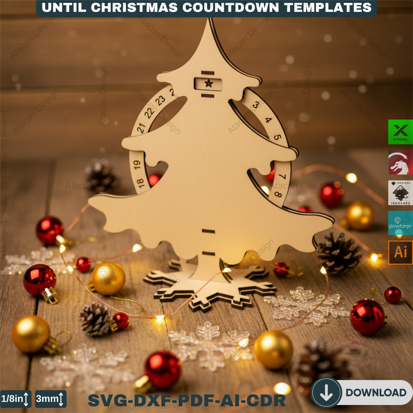 Christmas Tree Advent Calendar Laser Cut Template Bundle Wooden Countdown Stand Glowforge Xtool Files 915