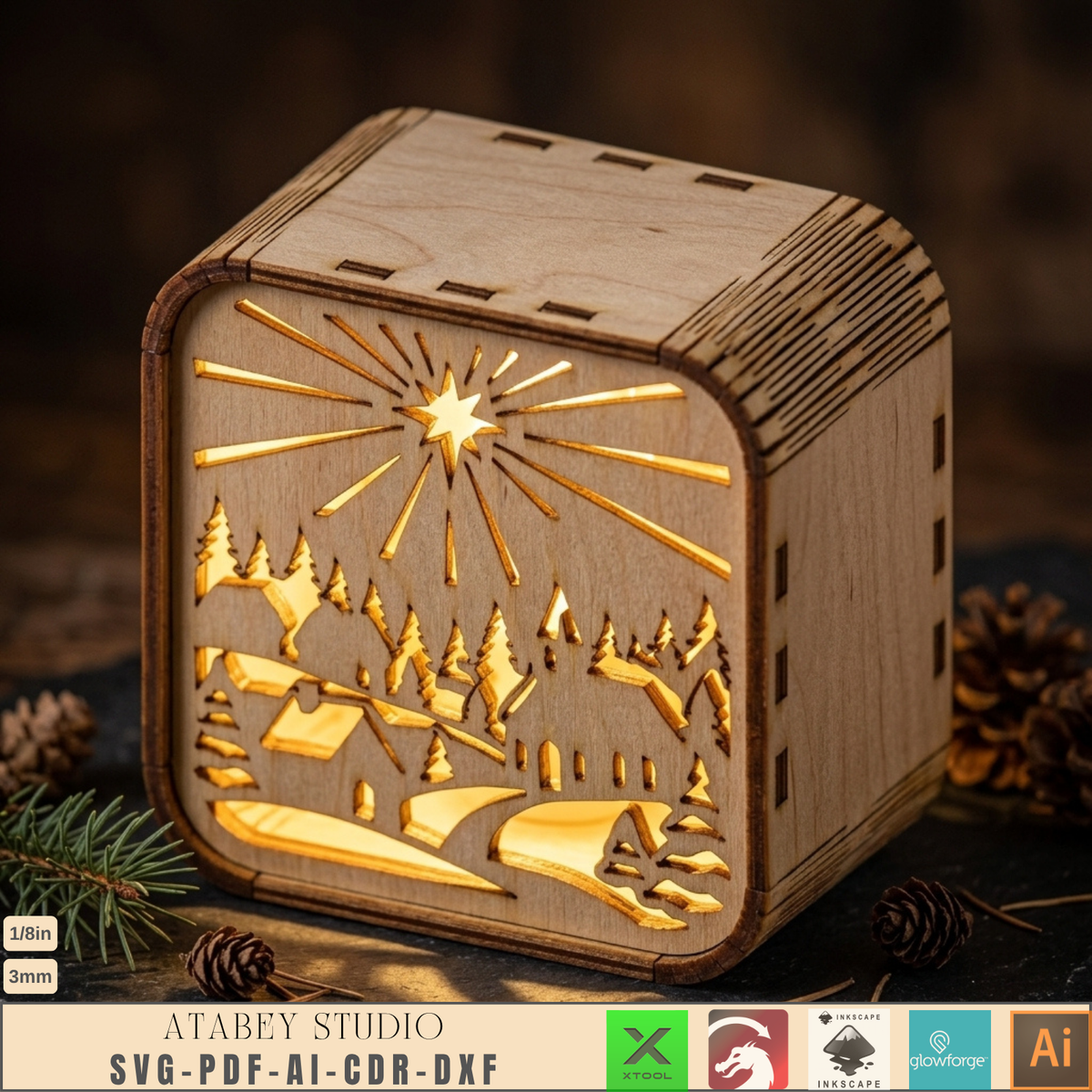 Wooden Christmas Shadow Box Lantern, Reindeer Santa Sleigh Candle Box Plans, Xmas Mantel Laser File