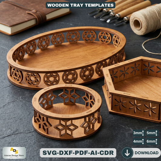 Decorative Tray Bundle | Laser Cut Ellipse, Round & Hexagon Wooden Trays 681