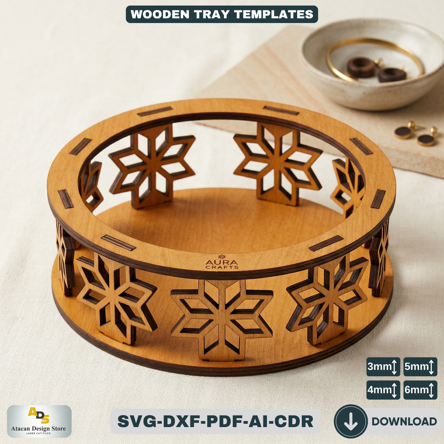 Decorative Tray Bundle | Laser Cut Ellipse, Round & Hexagon Wooden Trays 681