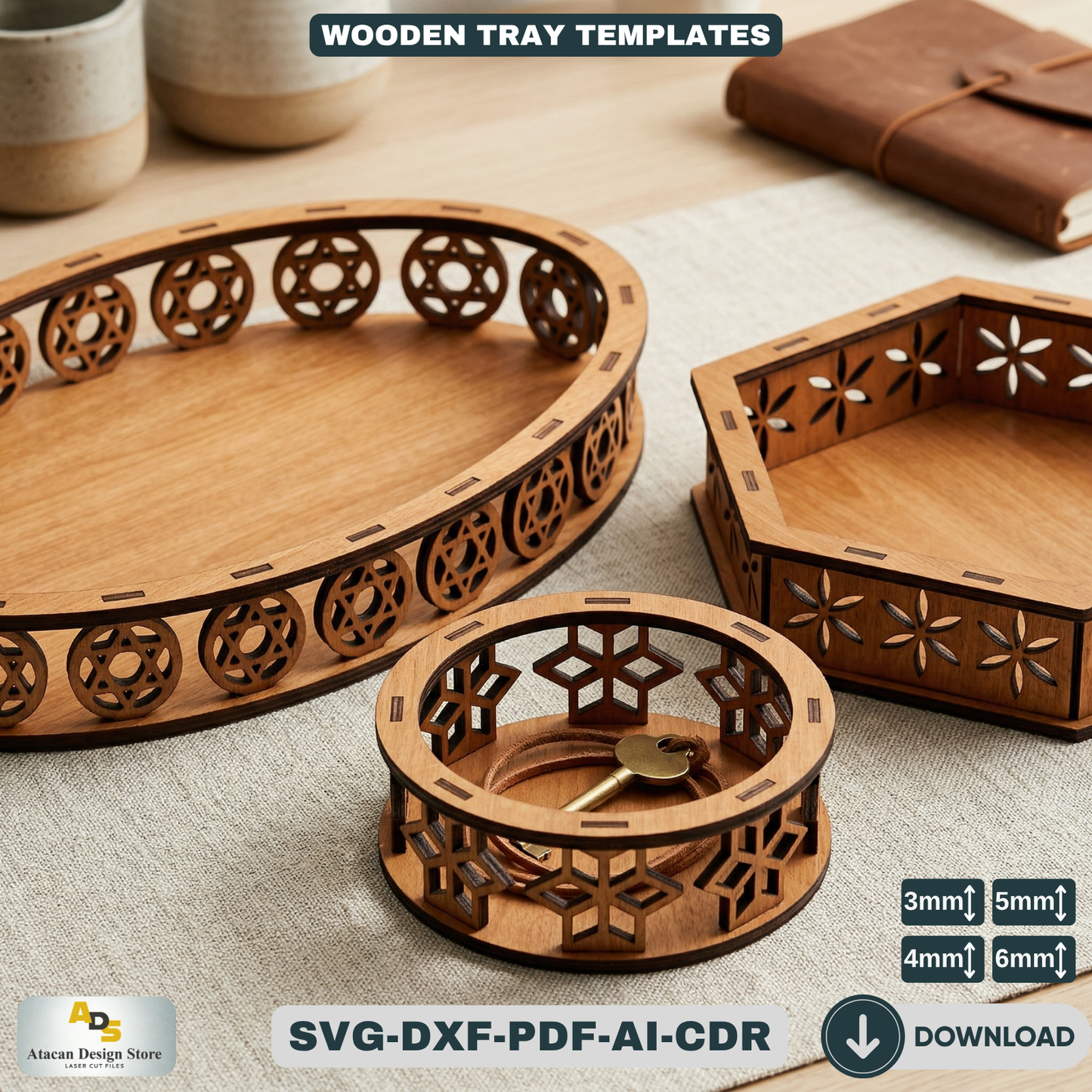 Decorative Tray Bundle | Laser Cut Ellipse, Round & Hexagon Wooden Trays 681