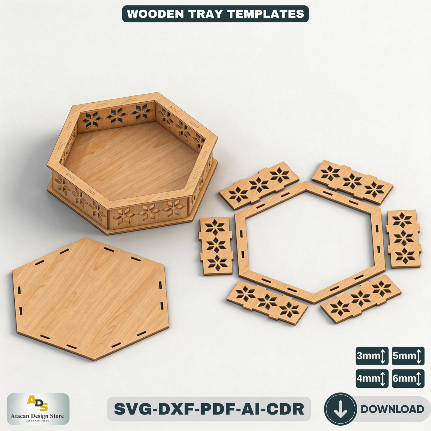 Decorative Tray Bundle | Laser Cut Ellipse, Round & Hexagon Wooden Trays 681