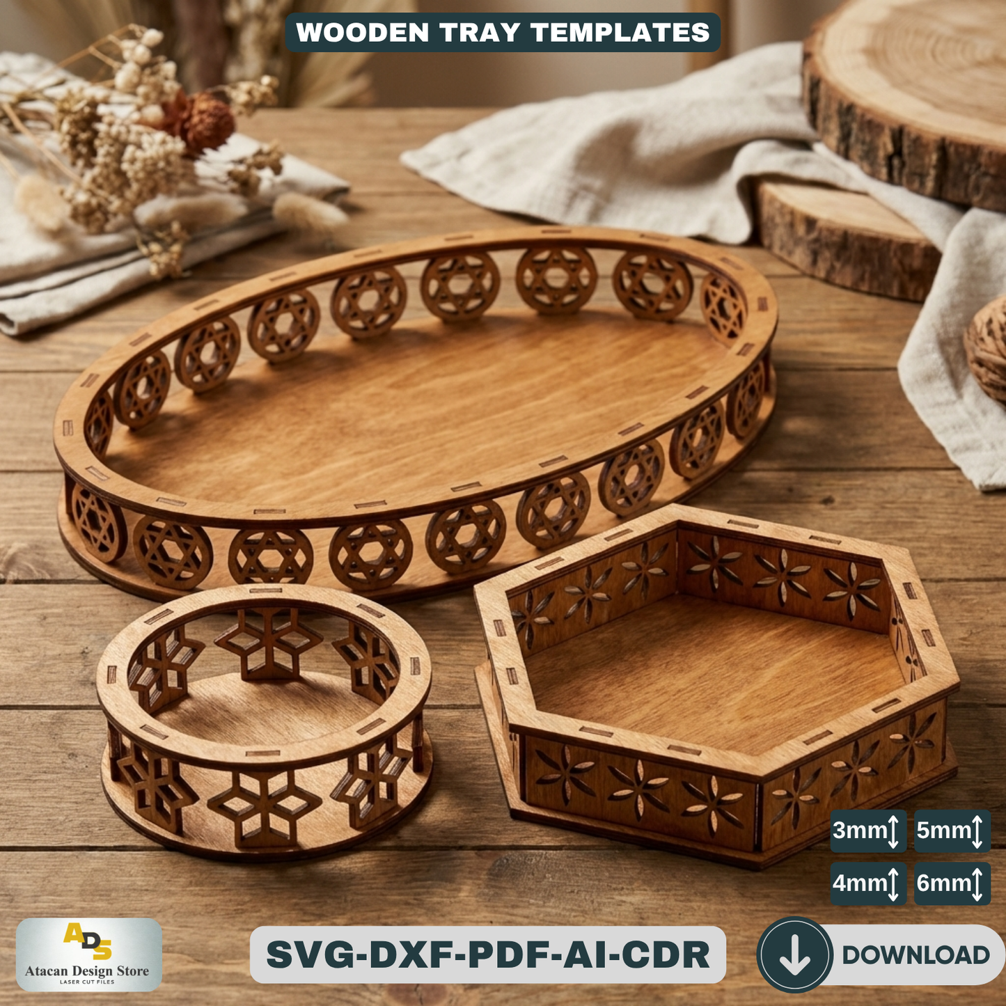 Decorative Tray Bundle | Laser Cut Ellipse, Round & Hexagon Wooden Trays 681