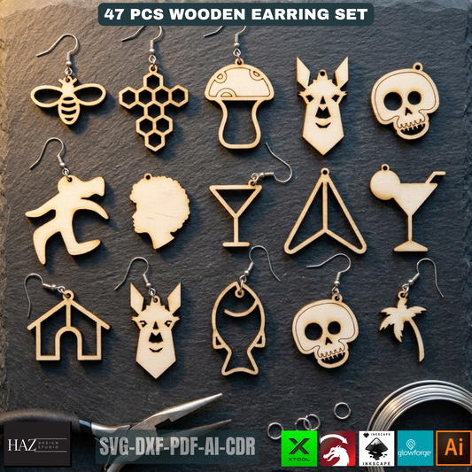 47 Pcs Wooden Earring Laser Cut Templates DIY Jewelry Boho Mushroom Skull Bee Honeycomb