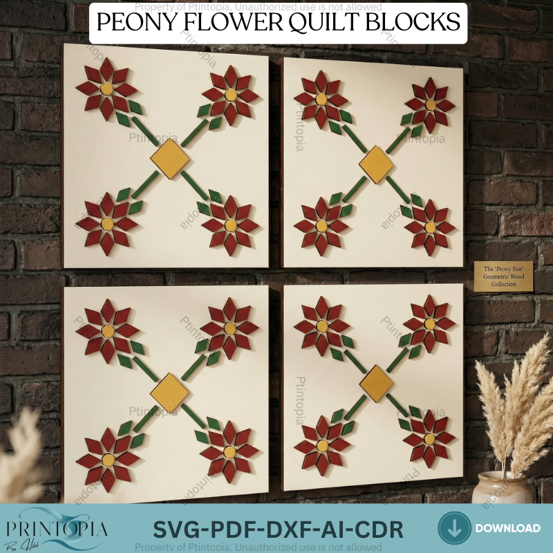 Geometric Peony Flower Barn Quilt Block Pattern Laser Cut Wood Art Floral Wall Decor 340